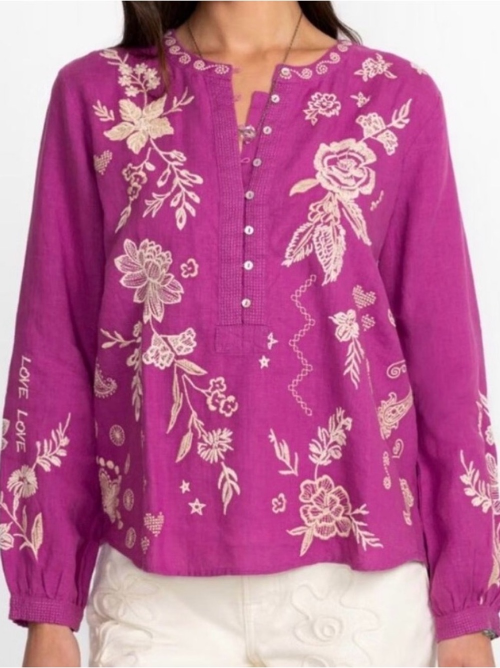 Johnny Was Fuchsia Embroidered Floral Henley Tunic